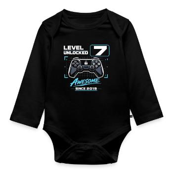 Level 7 Unlocked Gaming Geschenk Jungen - Baby Bio-Langarm-Body - Schwarz - Vorne