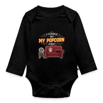 Cinéma Humour Citation Popcorn First - Body Bébé bio manches longues - noir - Devant
