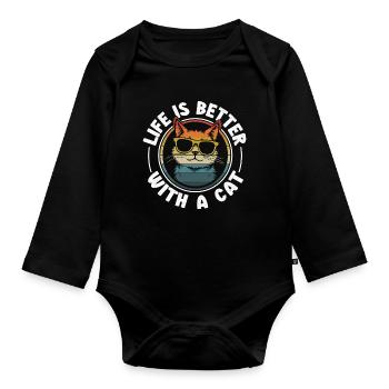Life is better with a cat - Cat with sunglasses - Organic Longsleeve Baby Bodysuit - black - Front