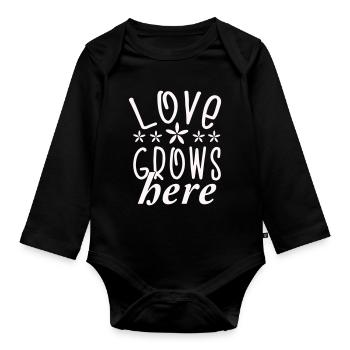 Love grows here Flowers Typography - Organic Longsleeve Baby Bodysuit - black - Front