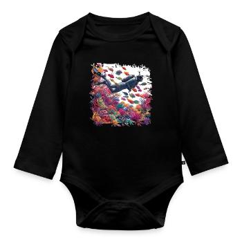 Underwater Diver in Colorful Coral Reef - Organic Longsleeve Baby Bodysuit - black - Front