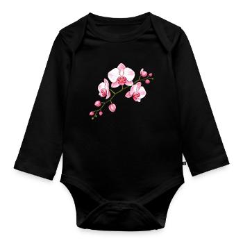 Orchidee Blütenzweig Illustration Florales Motiv - Baby Bio-Langarm-Body - Schwarz - Vorne