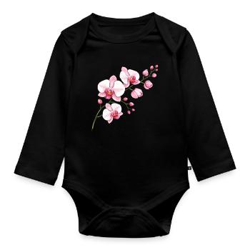 Orchidee Blütenzweig Illustration Florales Motiv - Baby Bio-Langarm-Body - Schwarz - Vorne