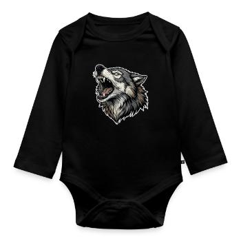 Wild Wolf Heulend Alpha Wolf Maskottchen - Baby Bio-Langarm-Body - Schwarz - Vorne