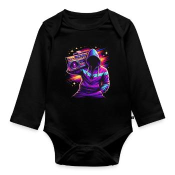 80er Neon Boombox Streetstyle  - Baby Bio-Langarm-Body - Schwarz - Vorne