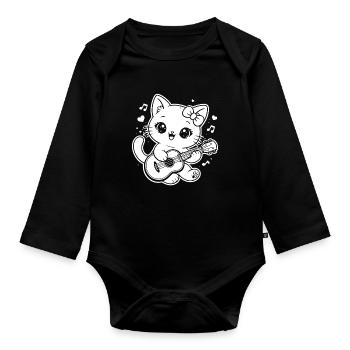 Kawaii cat playing ukulele - Organic Longsleeve Baby Bodysuit - black - Front