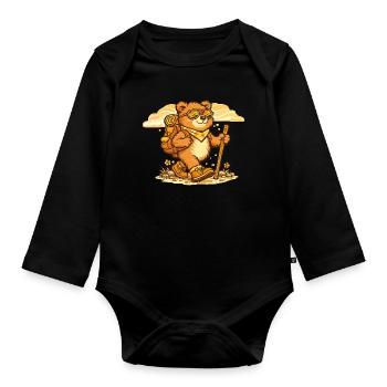 Wanderbär on a discovery tour - Organic Longsleeve Baby Bodysuit - black - Front