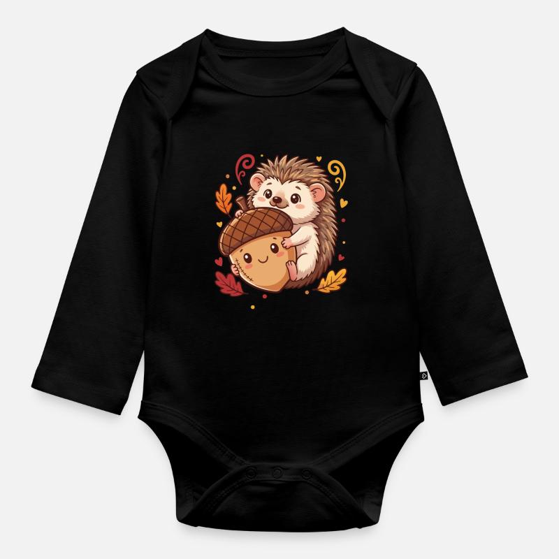 Doux hérisson avec un acorn automne - Body Bébé bio manches longues - noir