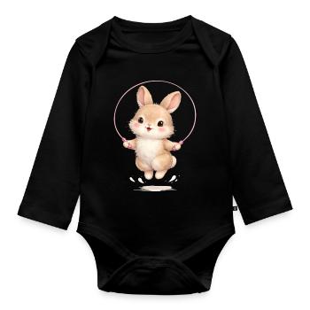Cute bunny jumping rope - Organic Longsleeve Baby Bodysuit - black - Front
