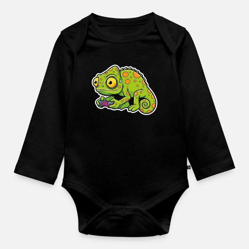 Chameleon Gamer Controller Videospiel-Maskottchen - Baby Bio-Langarm-Body - Schwarz