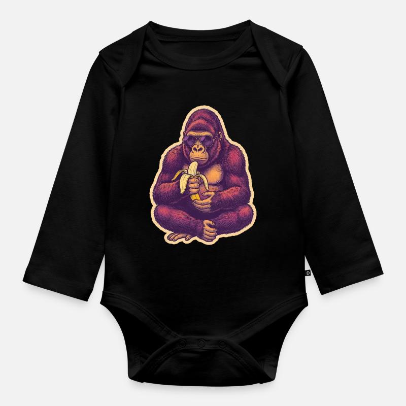 Gorille avec des lunettes de soleil mangeant une banane - Body Bébé bio manches longues - noir