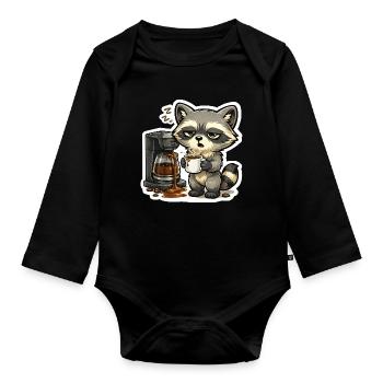 Coffee Raccoon – Tired raccoon with coffee machine - Organic Longsleeve Baby Bodysuit - black - Front