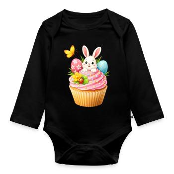 Cute Easter Bunny Cupcake with Colorful Easter Eggs - Organic Longsleeve Baby Bodysuit - black - Front