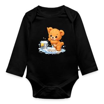 Kinder Shirt Bär putzt Frühjahrsputz süß  - Baby Bio-Langarm-Body - Schwarz - Vorne