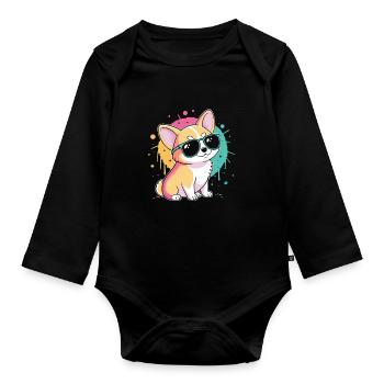Corgi Pop Art Sonnenbrillen-Spritzer - Baby Bio-Langarm-Body - Schwarz - Vorne