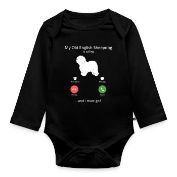 Old English Sheepdog Calling Phone Screen - Organic Longsleeve Baby Bodysuit - black - Front