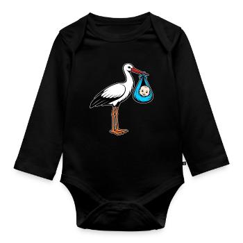 Cigogne avec bébé en bleu tissu - Body Bébé bio manches longues - noir - Devant