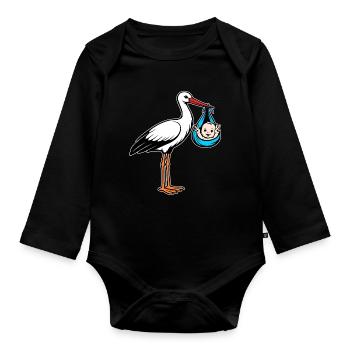 Cigogne avec bébé paix en tissu bleu - Body Bébé bio manches longues - noir - Devant