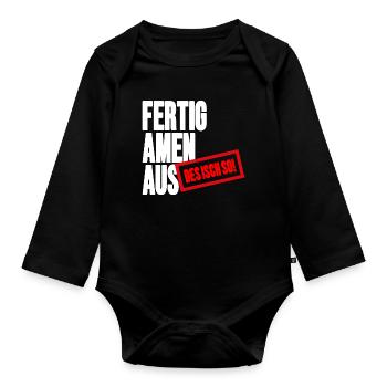 Großbuchstaben Stempelbanner - Fertig Amen Aus - Baby Bio-Langarm-Body - Schwarz - Vorne