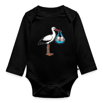 Cigogne avec des jumeaux de bébé en bleu tissu - Body Bébé bio manches longues - noir - Devant