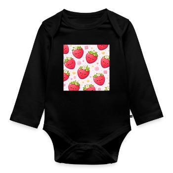Kawaii Erdbeer-Polka-Punkt-Muster Pink - Baby Bio-Langarm-Body - Schwarz - Vorne