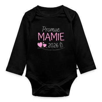 Promue Mamie 2026 Cadeau grossesse naissance bébé - Body Bébé bio manches longues - noir - Devant