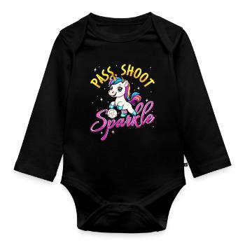 Pass Shoot Sparkle Unicorn Soccer Kids Girls - Organic Longsleeve Baby Bodysuit - black - Front