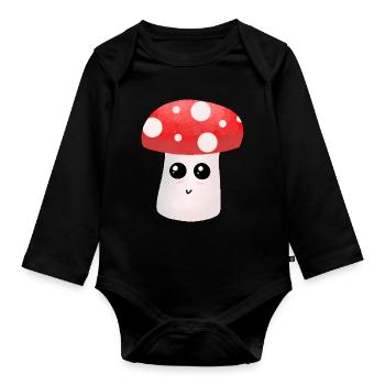 Kawaii Mushroom Buddy with Dots - Organic Longsleeve Baby Bodysuit - black - Front