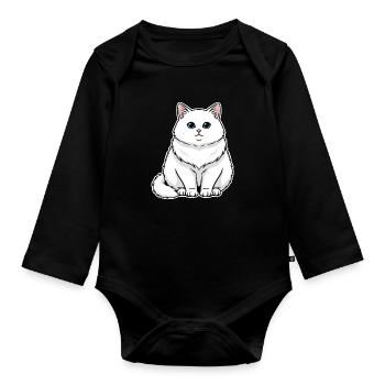 Chat Blanc Fluffy Yeux Bleus Portrait Majestueux - Body Bébé bio manches longues - noir - Devant