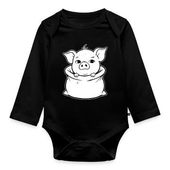 Cuddly piggy out of the bag - Organic Longsleeve Baby Bodysuit - black - Front