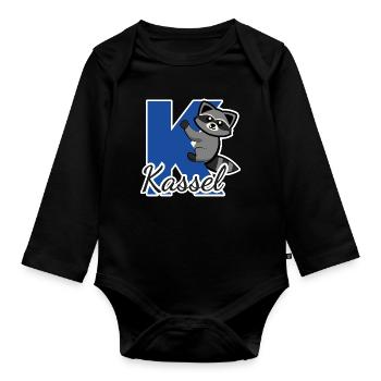 Kassel Waschbär klettert am Buchstaben K - Baby Bio-Langarm-Body - Schwarz - Vorne