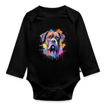 Bunte Splash Art Boxer-Hund - Baby Bio-Langarm-Body - Schwarz - Vorne