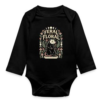 Feral But Floral Opossum Design - Organic Longsleeve Baby Bodysuit - black - Front