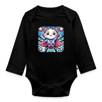 Cuddly Cat Superhero Kitten - Organic Longsleeve Baby Bodysuit - black - Front