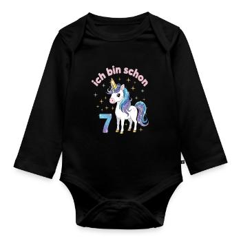 7. Geburtstag Einhorn Mädchen Ich bin schon 7 - Baby Bio-Langarm-Body - Schwarz - Vorne
