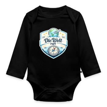 Die Welt ruft Reisepatch - Baby Bio-Langarm-Body - Schwarz - Vorne