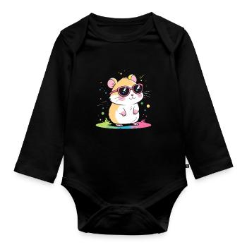Hamster arcenciel lunettes roses - Body Bébé bio manches longues - noir - Devant