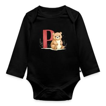 Bear with letter P - Organic Longsleeve Baby Bodysuit - black - Front