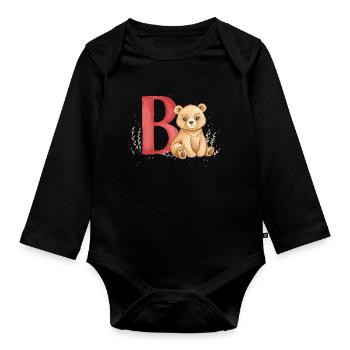 Bear and Letter B Child Motif - Organic Longsleeve Baby Bodysuit - black - Front