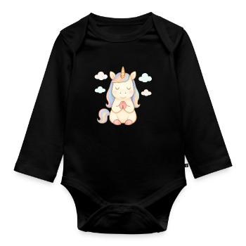 Pastel Unicorn in Prayer - Organic Longsleeve Baby Bodysuit - black - Front