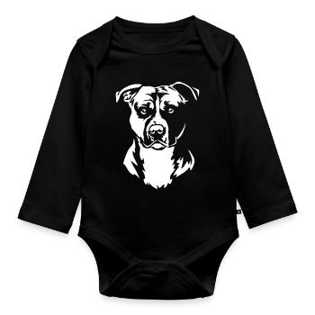 American Staffordshire Terrier Kopf "Black Edition - Baby Bio-Langarm-Body - Schwarz - Vorne