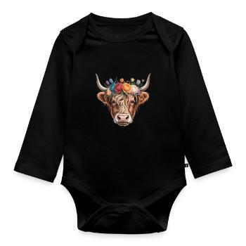 Vache à couronne de fleurs - Body Bébé bio manches longues - noir - Devant