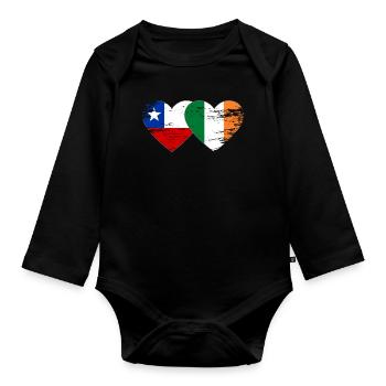 Chile Ireland flag heart used - Organic Longsleeve Baby Bodysuit - black - Front