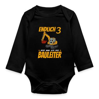 Kinder 3. Geburtstag Bagger  - Baby Bio-Langarm-Body - Schwarz - Vorne