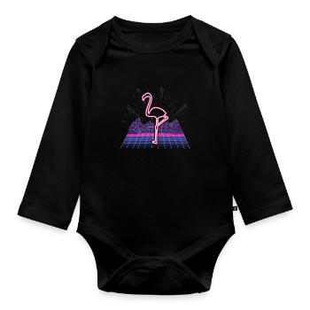 80s Synthwave Neon Flamingo Retro - Baby Bio-Langarm-Body - Schwarz - Vorne
