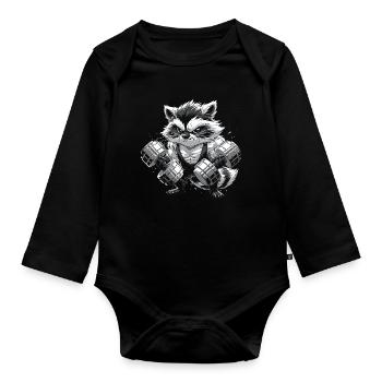 Trash Panda Gains Funny Raccoon Bodybuilder - Organic Longsleeve Baby Bodysuit - black - Front