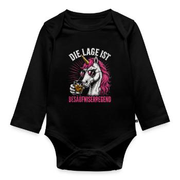 Pinkes Einhorn mit Drink - Baby Bio-Langarm-Body - Schwarz - Vorne