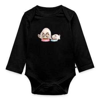Maman chatte poupée de chiffon mange avec son chaton - Body Bébé bio manches longues - noir - Devant
