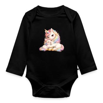 Mom unicorn cuddling with her baby - Organic Longsleeve Baby Bodysuit - black - Front
