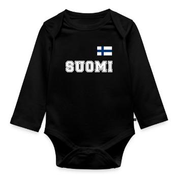 FINNLAND - SUOMI Trikot Look - Flagge auf Brust - Baby Bio-Langarm-Body - Schwarz - Vorne